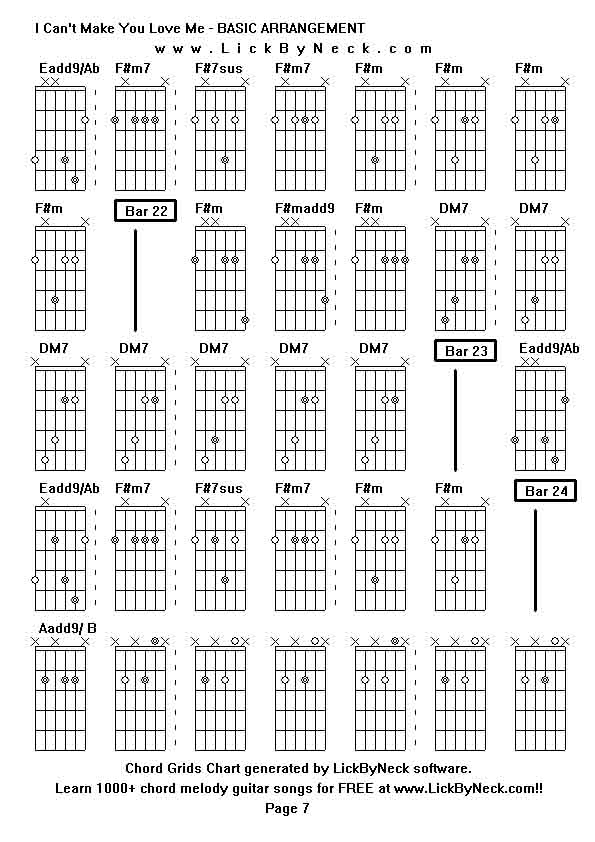 Chord Grids Chart of chord melody fingerstyle guitar song-I Can't Make You Love Me - BASIC ARRANGEMENT,generated by LickByNeck software.